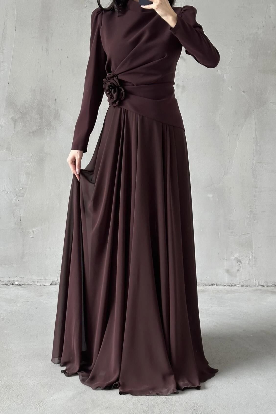 Asel Tesettür Abiye Kahverengi