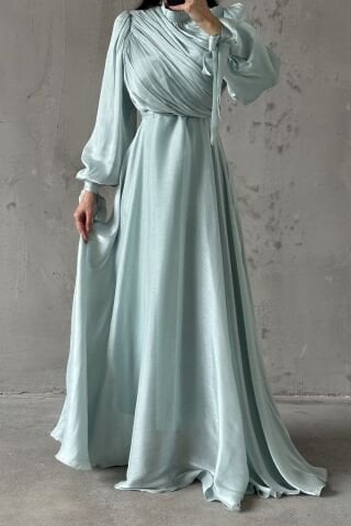 Drapeli Kuşak Detaylı Janjan Kumaş Tesettür Abiye Mint Yeşili