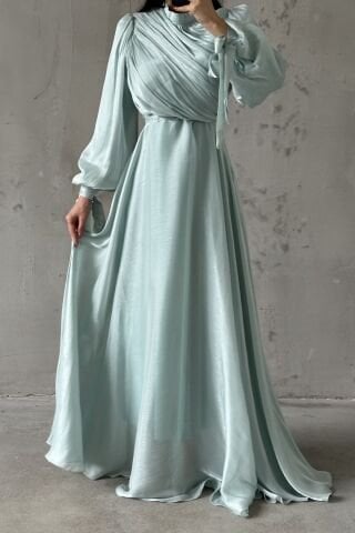 Drapeli Kuşak Detaylı Janjan Kumaş Tesettür Abiye Mint Yeşili