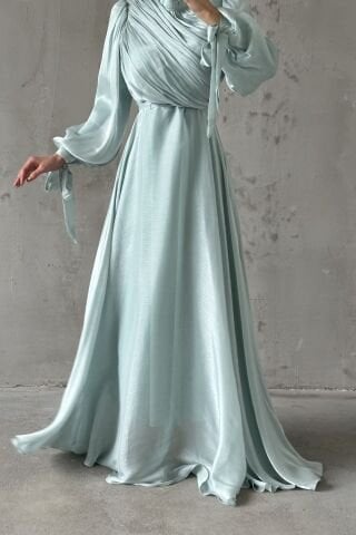 Drapeli Kuşak Detaylı Janjan Kumaş Tesettür Abiye Mint Yeşili