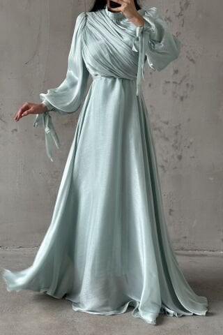 Drapeli Kuşak Detaylı Janjan Kumaş Tesettür Abiye Mint Yeşili