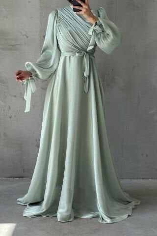 Draped Belt Detailed Janjan Fabric Hijab Evening Dress Mint Green