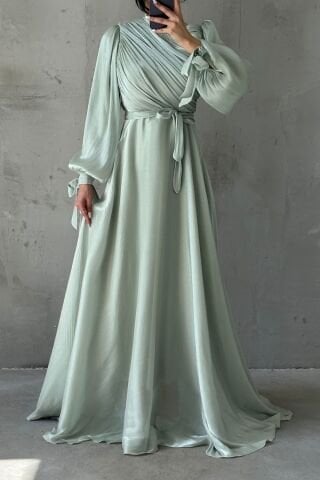 Drapeli Kuşak Detaylı Janjan Kumaş Tesettür Abiye Mint Yeşili