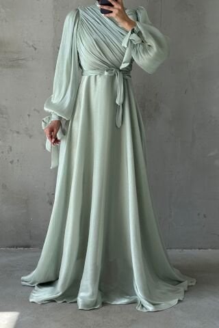 Drapeli Kuşak Detaylı Janjan Kumaş Tesettür Abiye Mint Yeşili