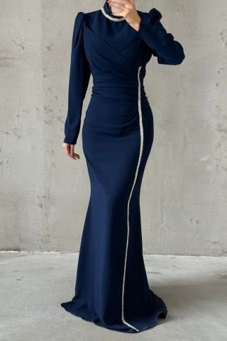 Şık Taş İşlemeli Krep Tesettür Abiye Lacivert