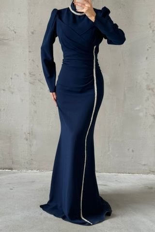 Şık Taş İşlemeli Krep Tesettür Abiye Lacivert