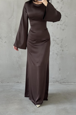 Basic Satin Modest Evening Dress with Tie-Back Detail, Brown