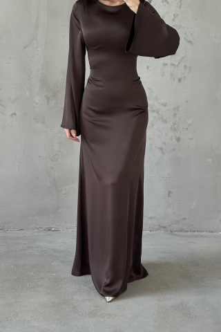 Basic Satin Modest Evening Dress with Tie-Back Detail, Brown