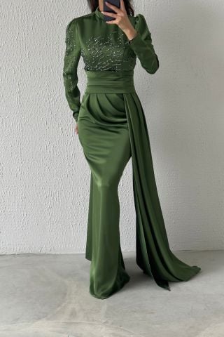 Sparkling Tail Satin Hijab Evening Dress Khaki