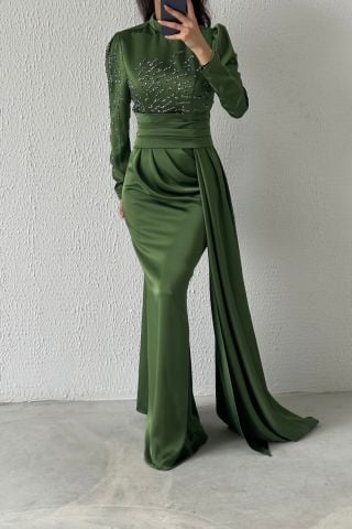 Pırıltılı Kuyruklu Saten Tesettür Abiye Haki