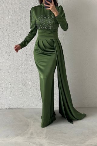 Pırıltılı Kuyruklu Saten Tesettür Abiye Haki