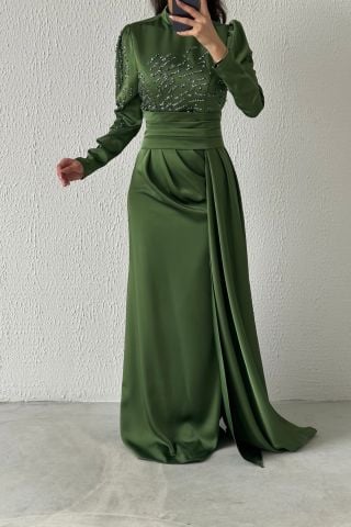 Pırıltılı Kuyruklu Saten Tesettür Abiye Haki