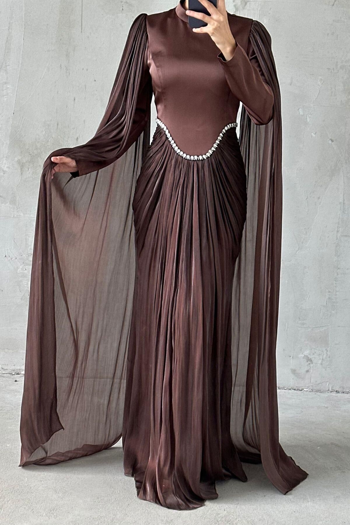 Sparkling Touch Sleeve Detailed Hijab Evening Dress Brown