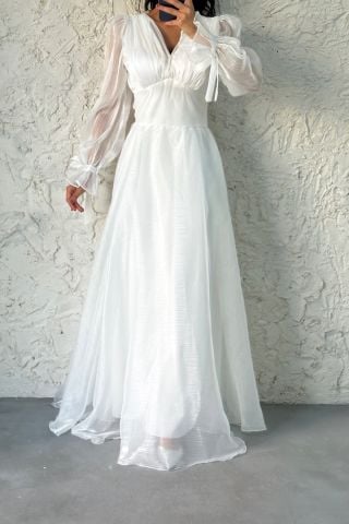 V Yaka Kol Ucu Detaylı Abiye Ekru