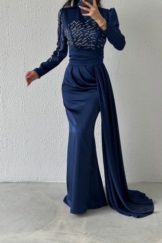Pırıltılı Kuyruklu Saten Tesettür Abiye Lacivert
