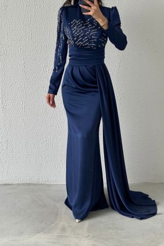 Pırıltılı Kuyruklu Saten Tesettür Abiye Lacivert