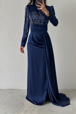 Pırıltılı Kuyruklu Saten Tesettür Abiye Lacivert