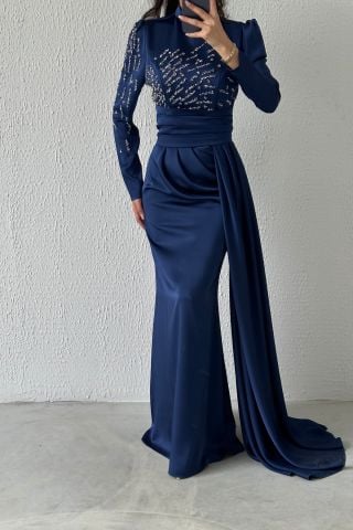 Pırıltılı Kuyruklu Saten Tesettür Abiye Lacivert