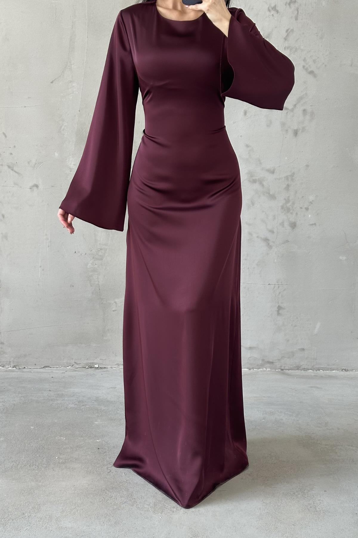 Basic Satin Hijab Evening Dress with Back Tie Detail, Plum