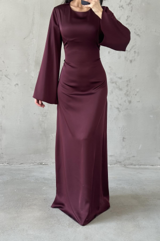 Basic Satin Hijab Evening Dress with Back Tie Detail, Plum