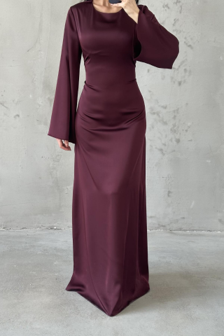 Basic Satin Hijab Evening Dress with Back Tie Detail, Plum