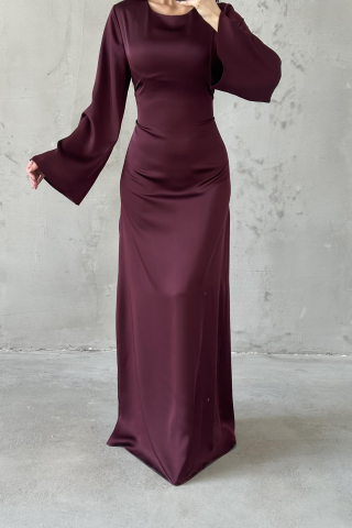Basic Satin Hijab Evening Dress with Back Tie Detail, Plum