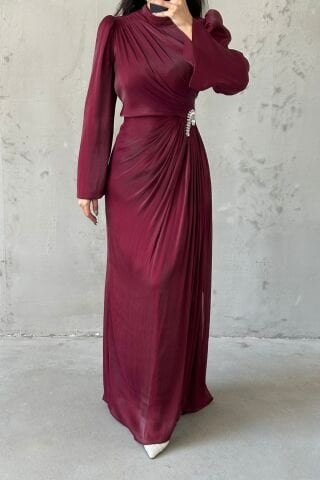 Volan Kol Drapeli Janjan Tesettür Abiye Bordo