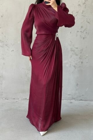 Volan Kol Drapeli Janjan Tesettür Abiye Bordo