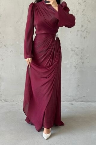 Volan Kol Drapeli Janjan Tesettür Abiye Bordo