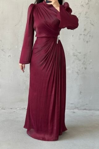 Volan Kol Drapeli Janjan Tesettür Abiye Bordo