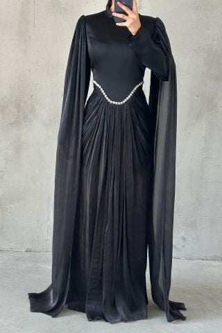 Sparkling Touch Sleeve Detailed Hijab Evening Dress Black