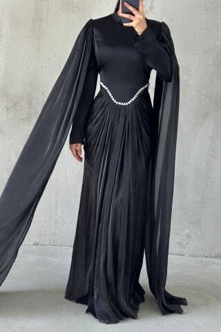 Işıltılı Dokunuş Kol Detaylı Tesettür Abiye Siyah