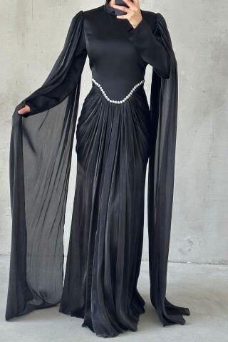 Işıltılı Dokunuş Kol Detaylı Tesettür Abiye Siyah