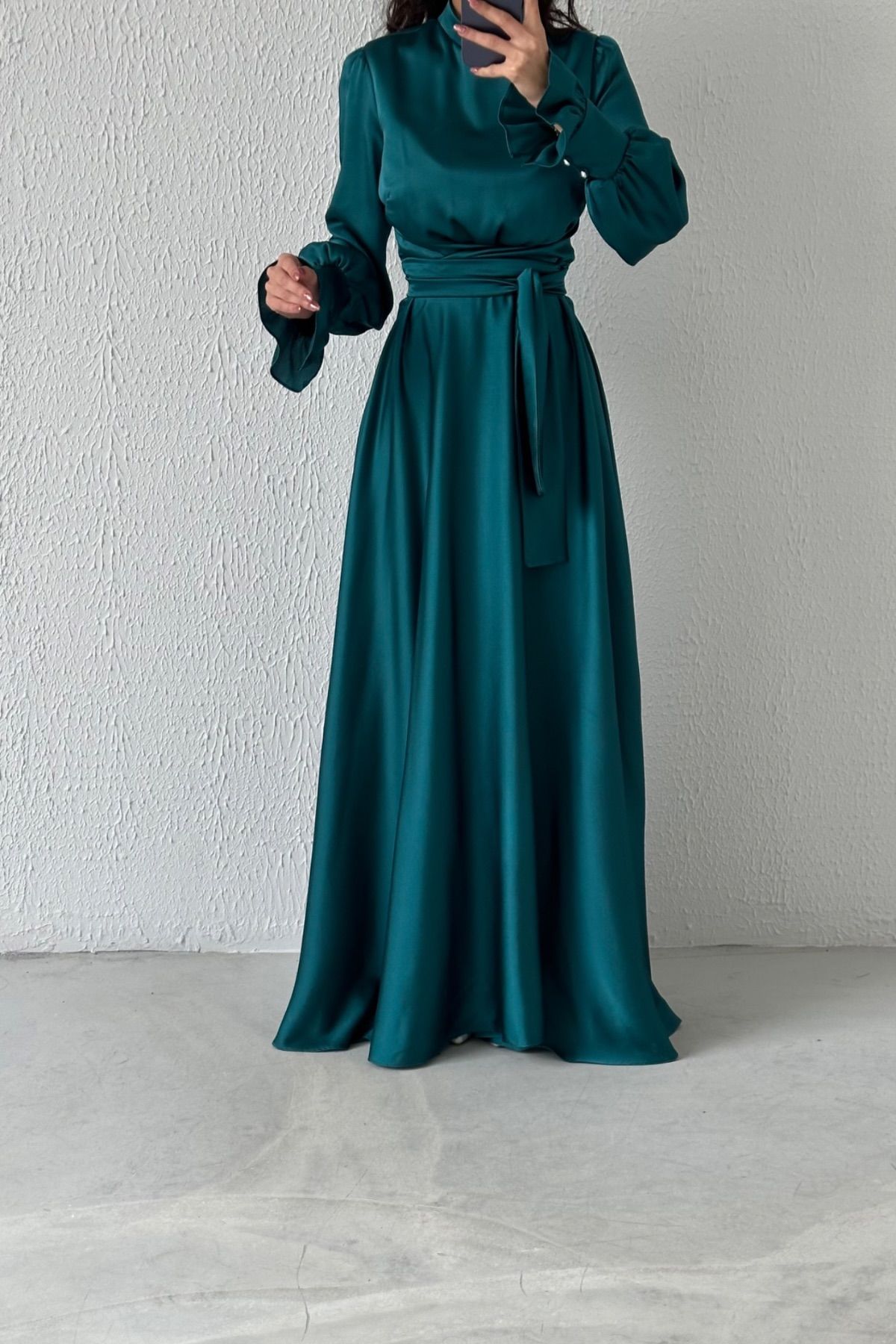 Hakim Yaka Volan Kol Saten Tesettür Abiye Yeşil