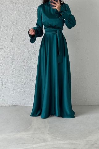Hakim Yaka Volan Kol Saten Tesettür Abiye Yeşil
