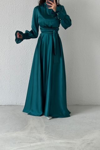 Hakim Yaka Volan Kol Saten Tesettür Abiye Yeşil