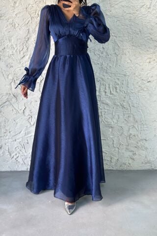 V-neck Sleeve Detailed Evening Dress Navy Blue