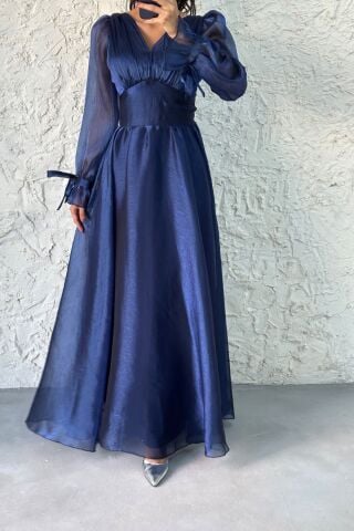 V-neck Sleeve Detailed Evening Dress Navy Blue