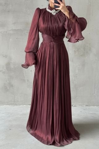 Elegant Stone Detailed Flounce Sleeve Hijab Evening Dress Brown