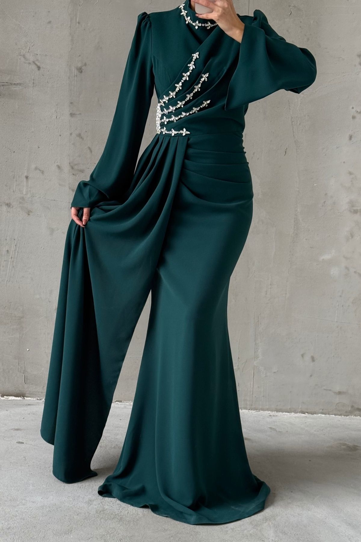 Crepe Hijab Evening Dress with Thin Stone Detail and Tail, Green