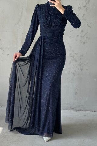 Pırıltılı Taş İşlemeli Tesettür Abiye Lacivert