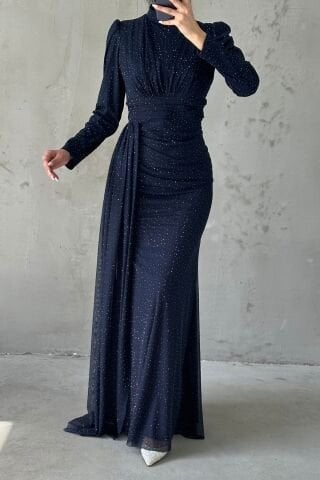 Pırıltılı Taş İşlemeli Tesettür Abiye Lacivert