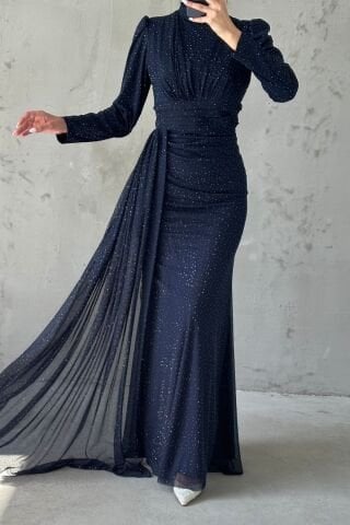 Shimmering Stone Embroidered Hijab Evening Dress Navy Blue