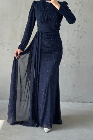Pırıltılı Taş İşlemeli Tesettür Abiye Lacivert