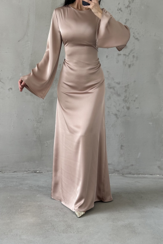 Basic Satin Hijab Evening Dress with Back Tie Detail, Powder