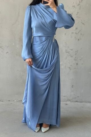 Volan Kol Drapeli Janjan Tesettür Abiye İndigo