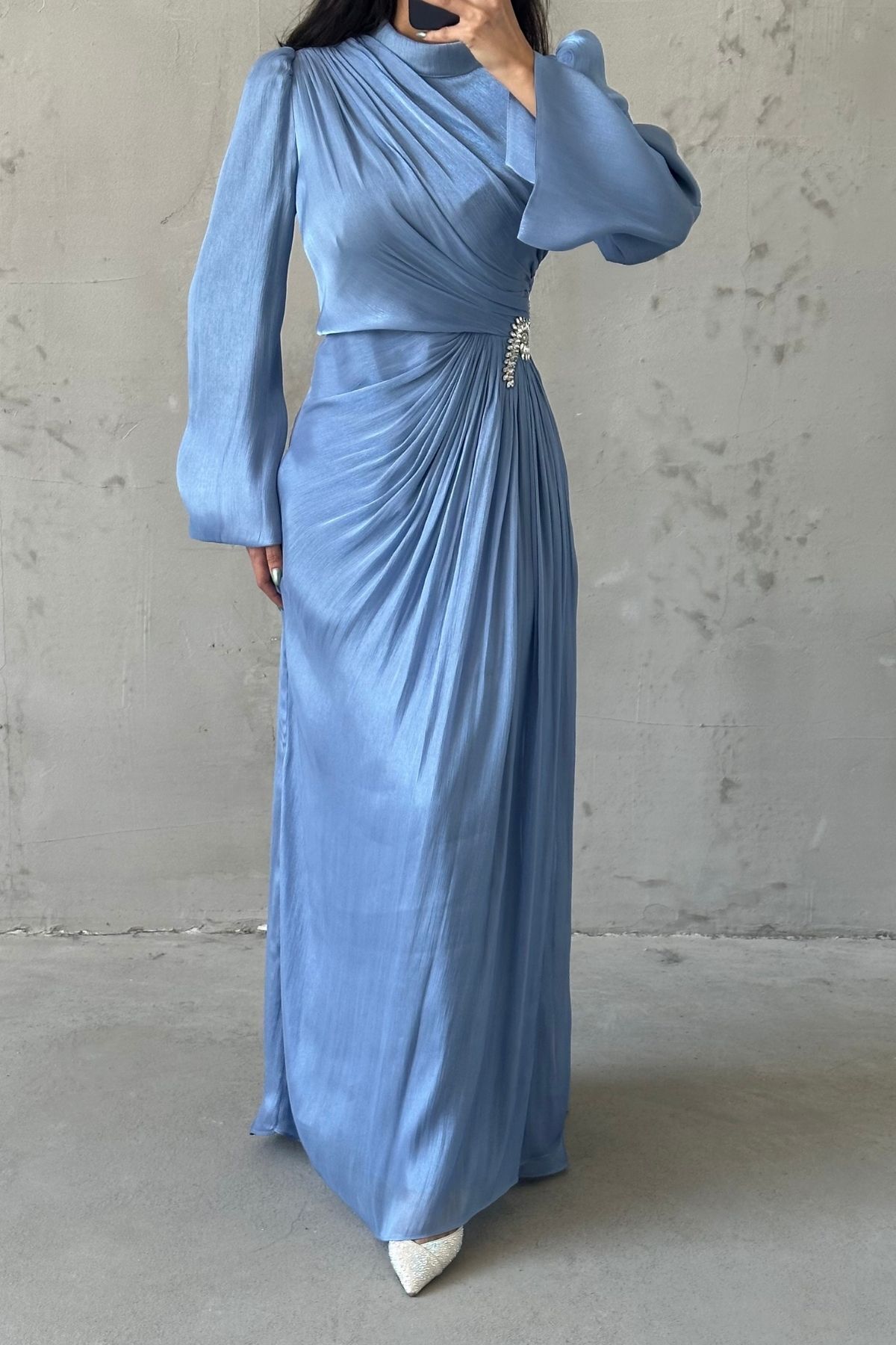 Volan Kol Drapeli Janjan Tesettür Abiye İndigo