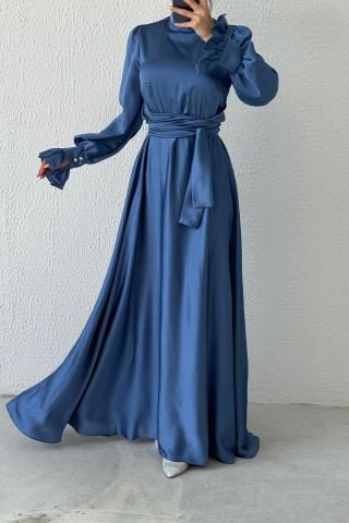 Hakim Yaka Volan Kol Saten Tesettür Abiye İndigo