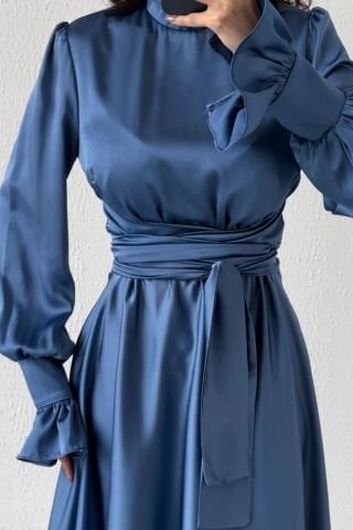 Hakim Yaka Volan Kol Saten Tesettür Abiye İndigo