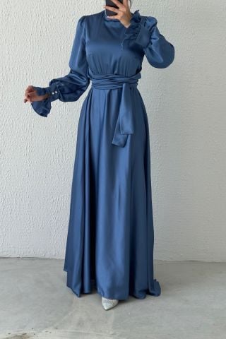 Hakim Yaka Volan Kol Saten Tesettür Abiye İndigo